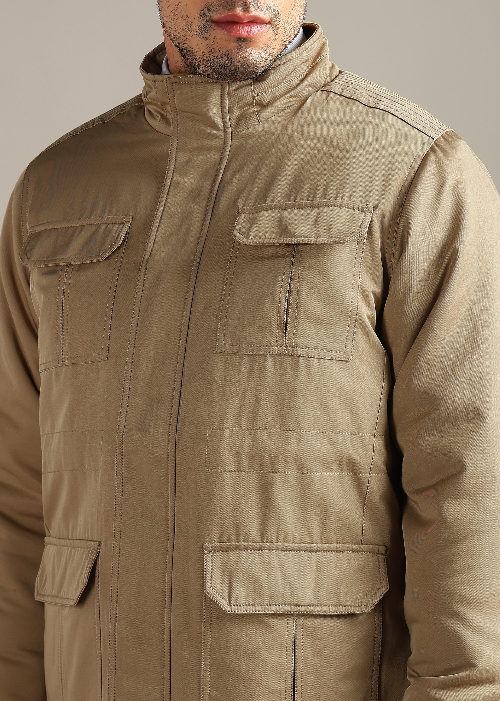 BEIGE SOLID FUR COTTON CARGO FULL SLEEVE JACKET
