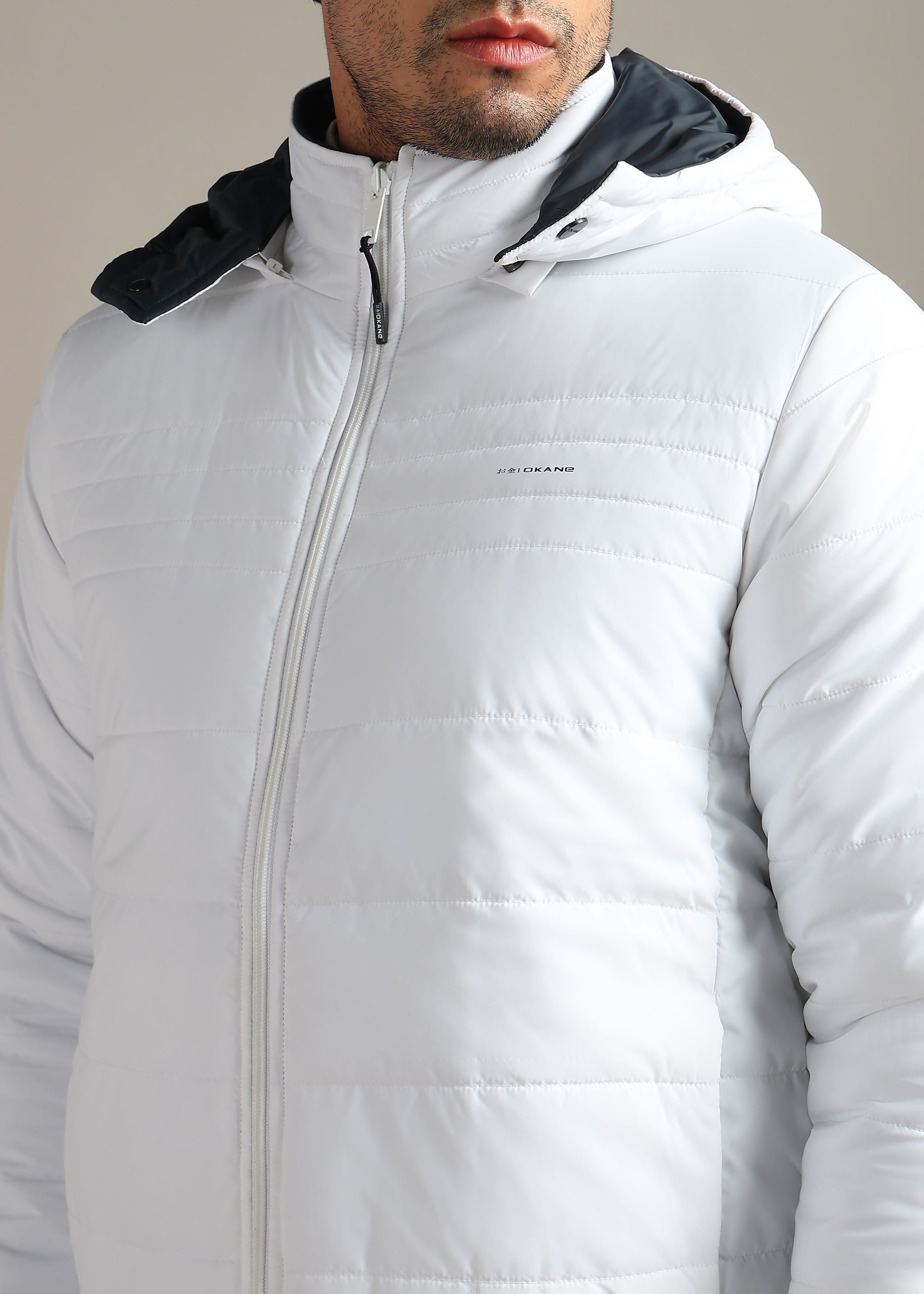 WHITE SOLID NYON FULL SLEEVE REVERSIBLE PUFFER JACKET