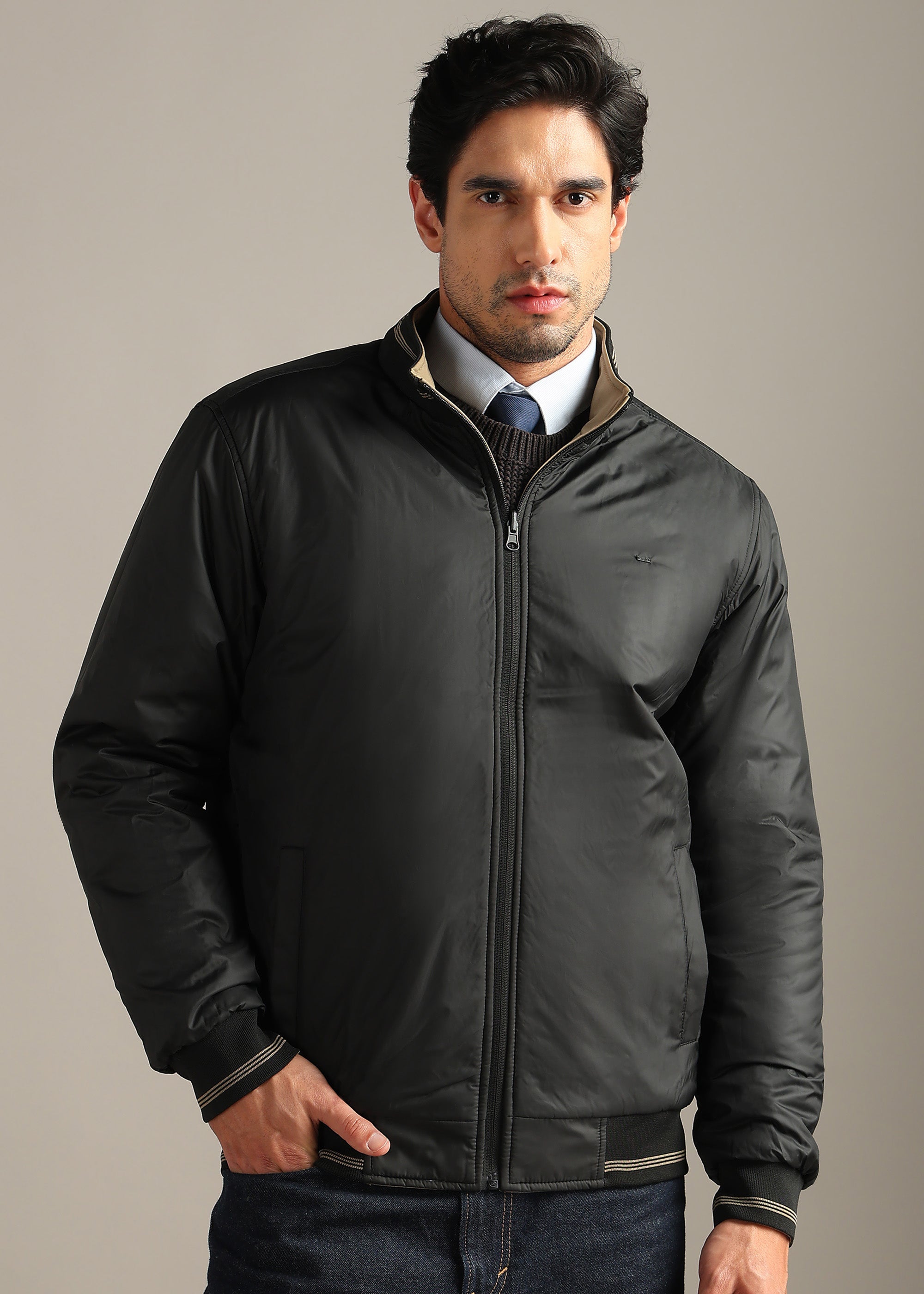 CAMEL SOLID REVERSIBLE MULTI POCKET FULL SLEEVE JACKET