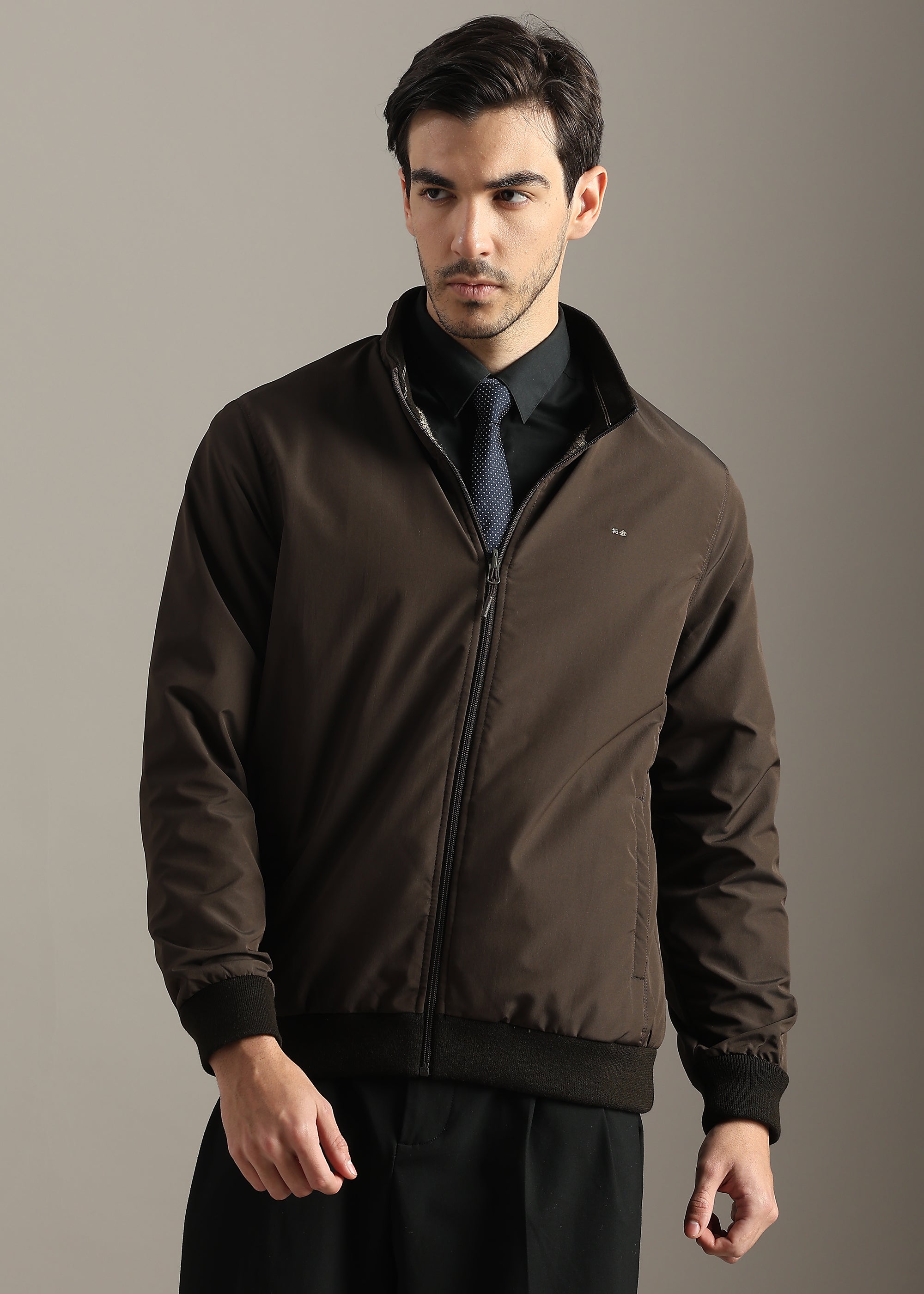 BROWN REVERSIBLE FULL SLEEVE JACKET WITH ENGINEERED SWEATER